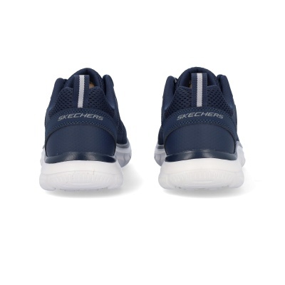 Tênis Skechers azuis escuros vistos de trás com sola branca e faixa cinza vertical.