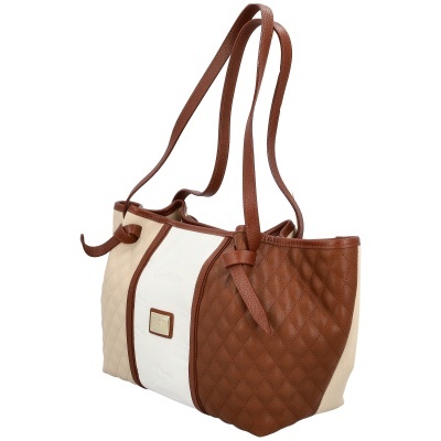 Mala de ombro feminina bege e castanha com padrão matelassé