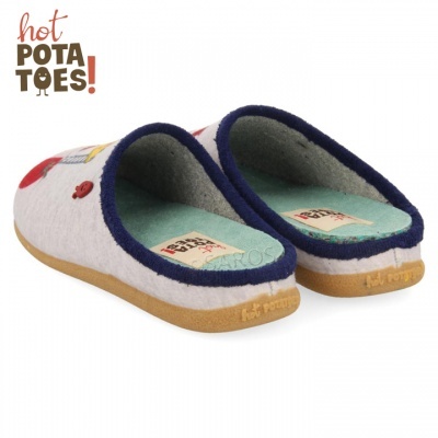 Pantufas cinzentas com borda azul escura e sola bege