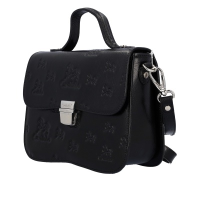 Mala de mão preta com padrão em relevo e fecho metálico prateado