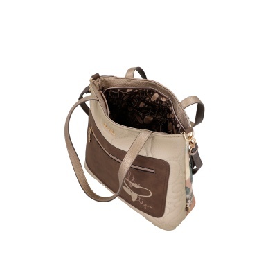 Mala de senhora bege e castanha com bolso frontal e interior estampado