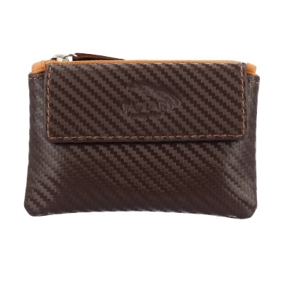 Carteira castanha com padrão tipo fibra de carbono e fecho de correr