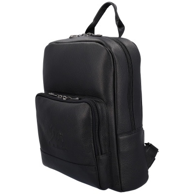 Mochila pequena preta em pele com bolso frontal e logótipo Cavalinho