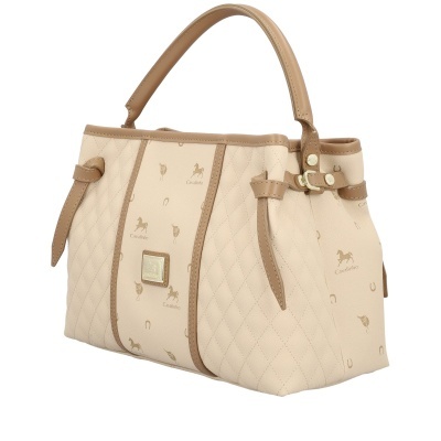 Mala de mão bege com alça castanha e padrão com cavalos e ferraduras