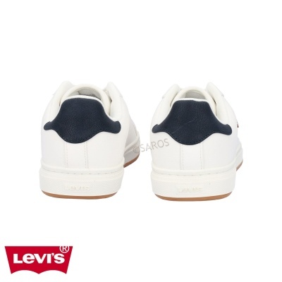 Sapatilhas brancas com detalhes azuis escuros e sola castanha vista de trás