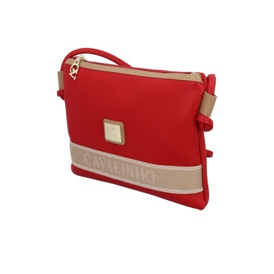 Mala de mão vermelha com detalhes bege e logótipo dourado