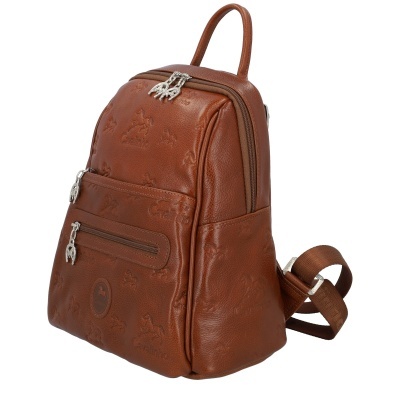 mochila castanha em couro sintético com padrão e fechos prateados