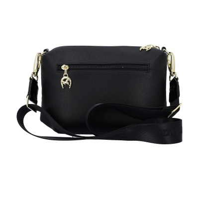 Mala preta pequena com bolso traseiro e alça ajustável