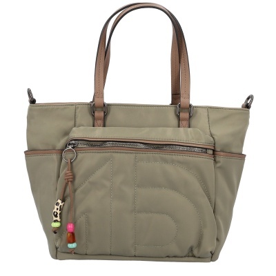 Mala de mão bege com alças castanhas e bolso frontal