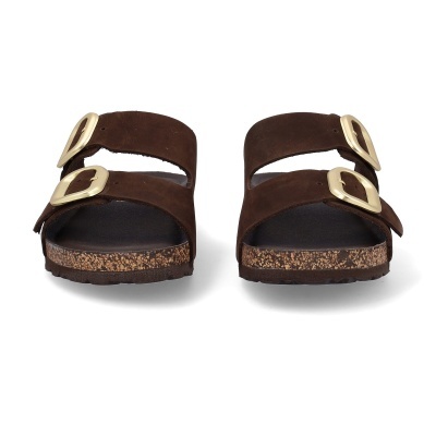 Sandálias castanhas de camurça com fivelas douradas e sola de cortiça