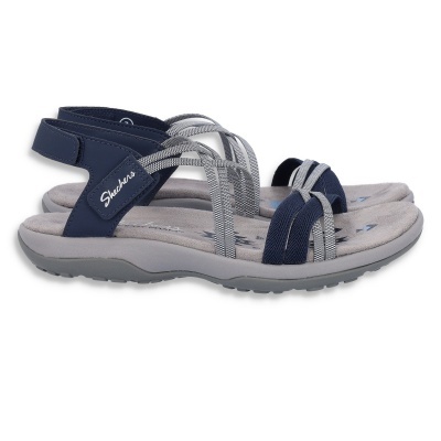 Sandálias femininas Skechers azuis e cinzentas com tiras elásticas e sola antiderrapante