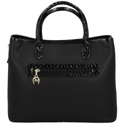 Mala preta em pele sintética com detalhes em padrão de cobra e fecho dourado