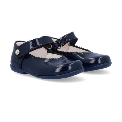 Sapatilhas de criança verniz azul-marinho com fecho de velcro e bordado decorativo
