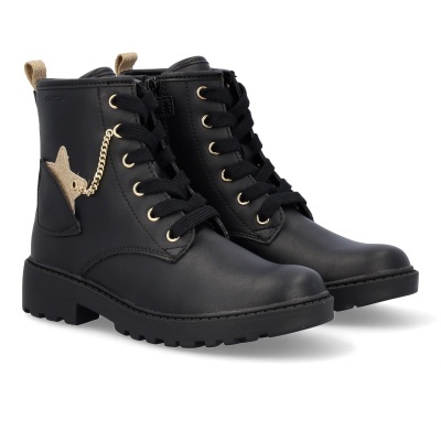 Botas pretas de pele com atacadores e detalhes dourados