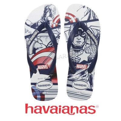 Chinelos Havaianas Marvel com Capitao América e detalhes vermelhos e azuis