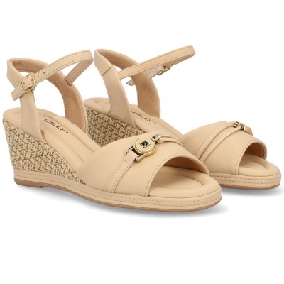 Sandálias de cunha bege com tiras e salto em ráfia