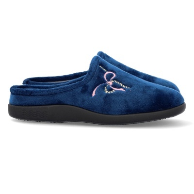 Chinelos de casa azuis com bordado de laço rosa e amarelo