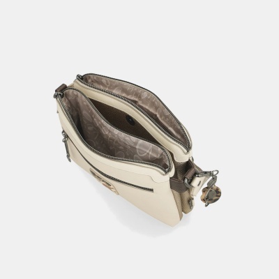 Bolsa bege e castanha com vários compartimentos e fechos de correr