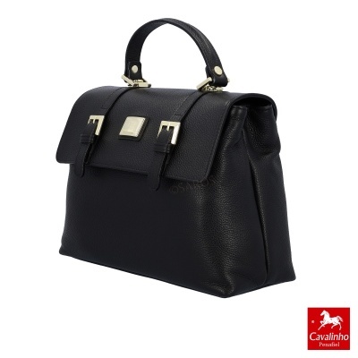 Mala de mão preta em pele com fivelas douradas