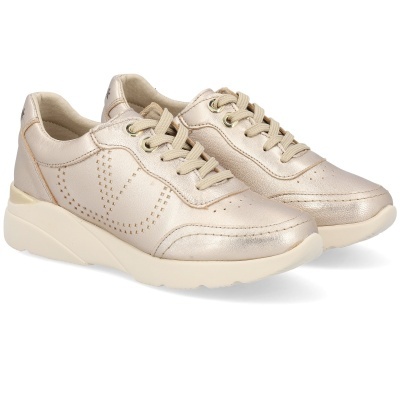 Sapatilhas douradas com sola branca e padrão perfurado em V