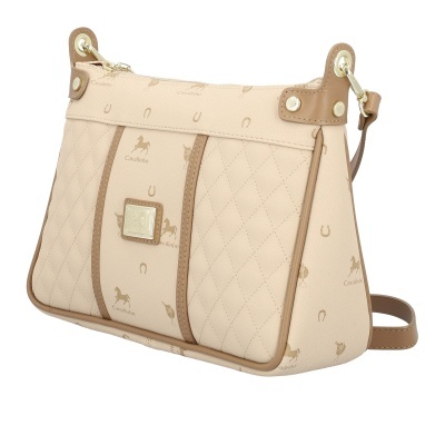 Mala bege com padrão Cavalinho e detalhes castanhos, fecho dourado e alça ajustável.