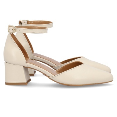 Sapatilhas de salto médio creme com apoio quadrado e fivela no tornozelo
