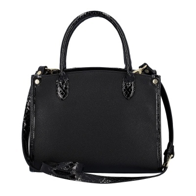 Mala de mão preta com alças curtas e alça longa padrão pele de cobra