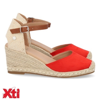 Sandálias de cunha vermelhas com salto em cortiça e detalhe pied-de-poule