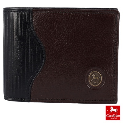 Carteira masculina em couro castanho e preto com logotipo Cavalinho em metal