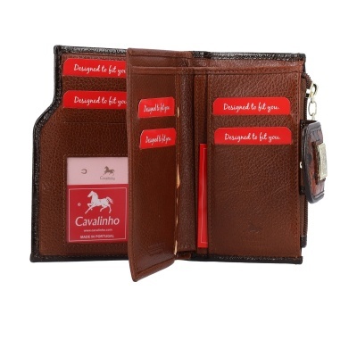 Carteira de pele castanha aberta com compartimentos e etiquetas vermelhas com texto branco.