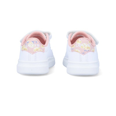 Ténis brancos com detalhe rosa com padrão floral e logo LEVIS na parte traseira