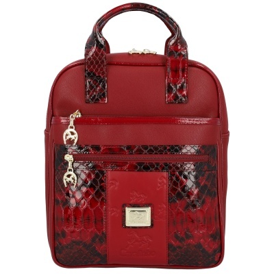 Mala de mão vermelha com detalhes em padrão de pele de cobra e fechos dourados