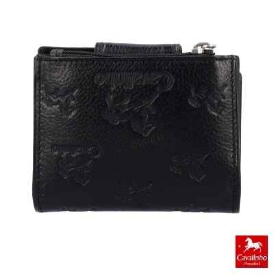 Carteira preta em pele genuína com padrão em relevo e logo Cavalinho Penafiel