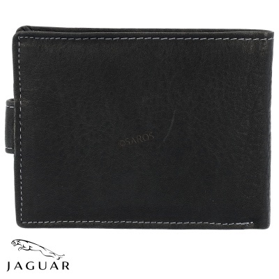 Carteira preta de couro com costura branca e logotipo Jaguar