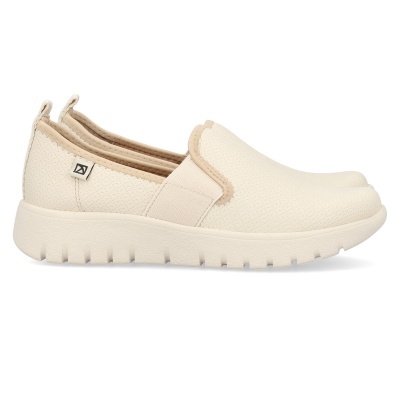 Ténis slip-on creme com sola branca e detalhe elástico