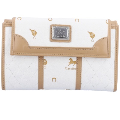 Carteira branca com padrão de cavalos e detalhes em couro bege