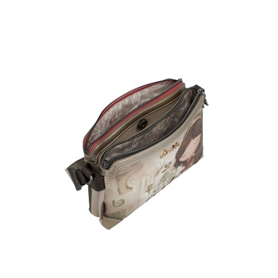 Mala de ombro bege e castanha com ilustração de menina e vários compartimentos abertos