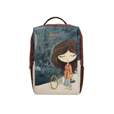 mochila com desenho de menina e bicicleta em tons de azul e castanho
