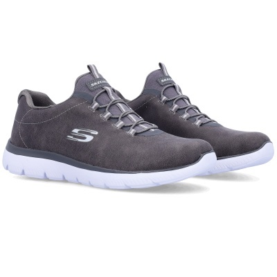 Sapatilhas cinzentas Skechers com sola branca e logótipo S