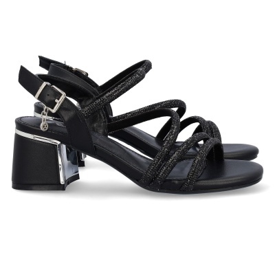 Sandálias femininas pretas com tiras de cristais e salto médio largo com detalhe metálico