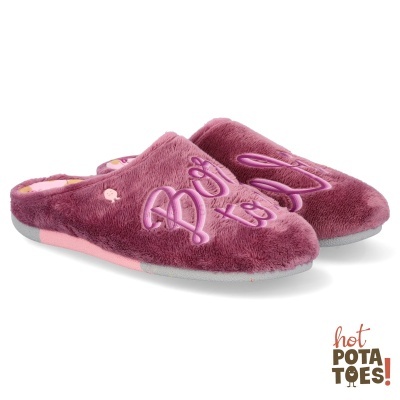 Chinelos de quarto rosa escuro com bordado lilás e sola cinza e rosa