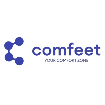 Logótipo azul da Comfeet com slogan 'YOUR COMFORT ZONE' e símbolo de círculos