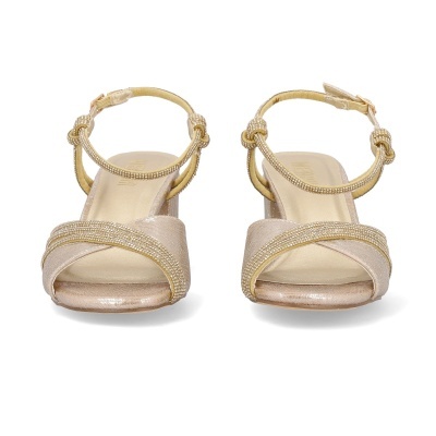 Sandálias de salto champanhe com pedras douradas e tiras cruzadas