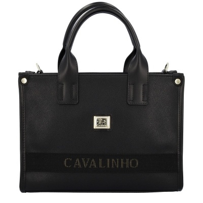 Mala de mão preta em couro da marca CAVALINHO com alças e símbolo metálico