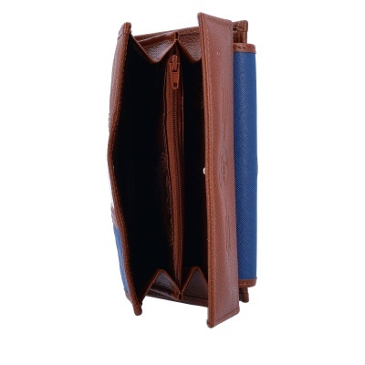 Carteira castanha e azul com fecho de correr interior