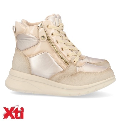 bota sneaker feminina bege cremosa com zíper dourado e atacadores