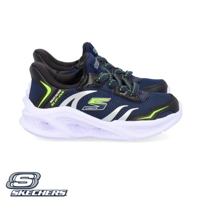 Tênis desportivo Skechers azuis com sola branca e detalhes verdes