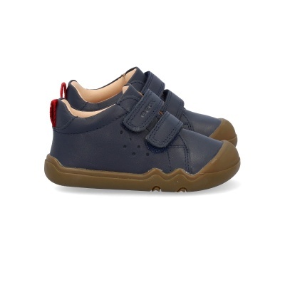 Sapatos infantis de couro azul escuro com fecho velcro e sola castanha