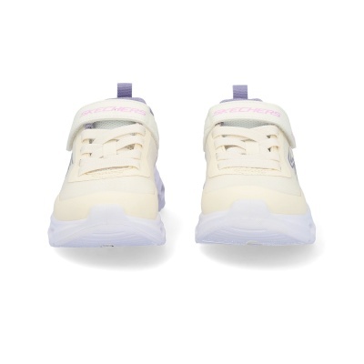 Ténis Skechers bege com detalhes lilás e sola branca