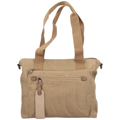 Mala bege em tecido com bolso frontal e alças compridas